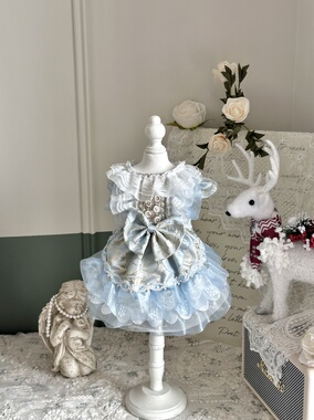 AW水蓝色宠物衣服秋冬缎面公主蝴蝶花边珍珠洛丽塔小型犬泰迪猫咪