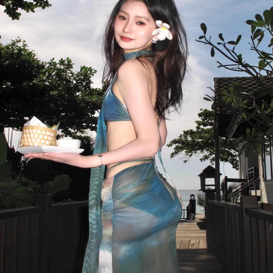 欧美风INS新款时尚辣妹印花比基尼性感度假休闲半身裙泳衣套装女