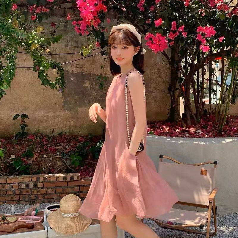 法式连衣裙女无袖甜美小众夏粉色a字公主裙网纱小个子欧根纱裙子
