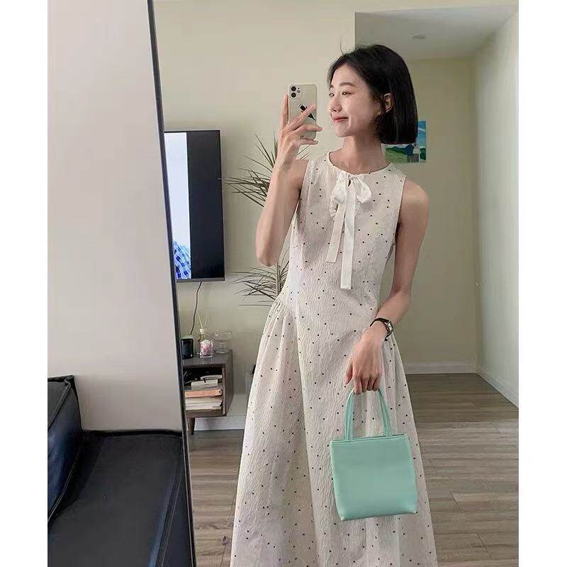 韩系设计感米色波点提花无袖连衣裙女复古高级感小众温柔甜美长裙
