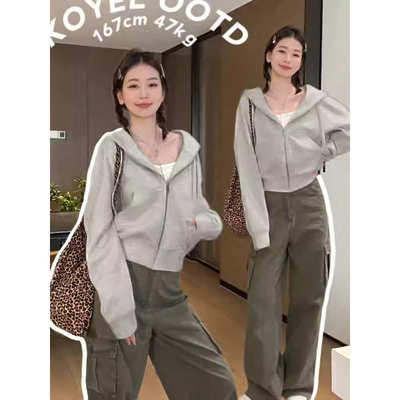 灰色短款连帽卫衣拉链外套女款秋修身小个子开衫薄款上衣早秋穿搭