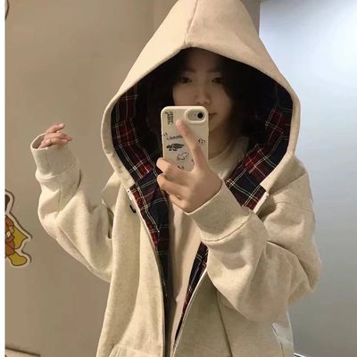 拼接格子连帽外套女秋冬季2024新款白灰色宽松慵懒风拉链卫衣潮牌