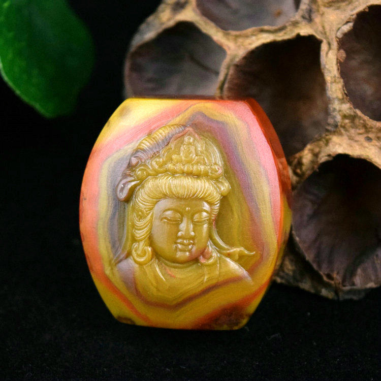 宣化战国红南红北票玛瑙天然原矿石俏色巧雕观音背云挂件项链吊坠