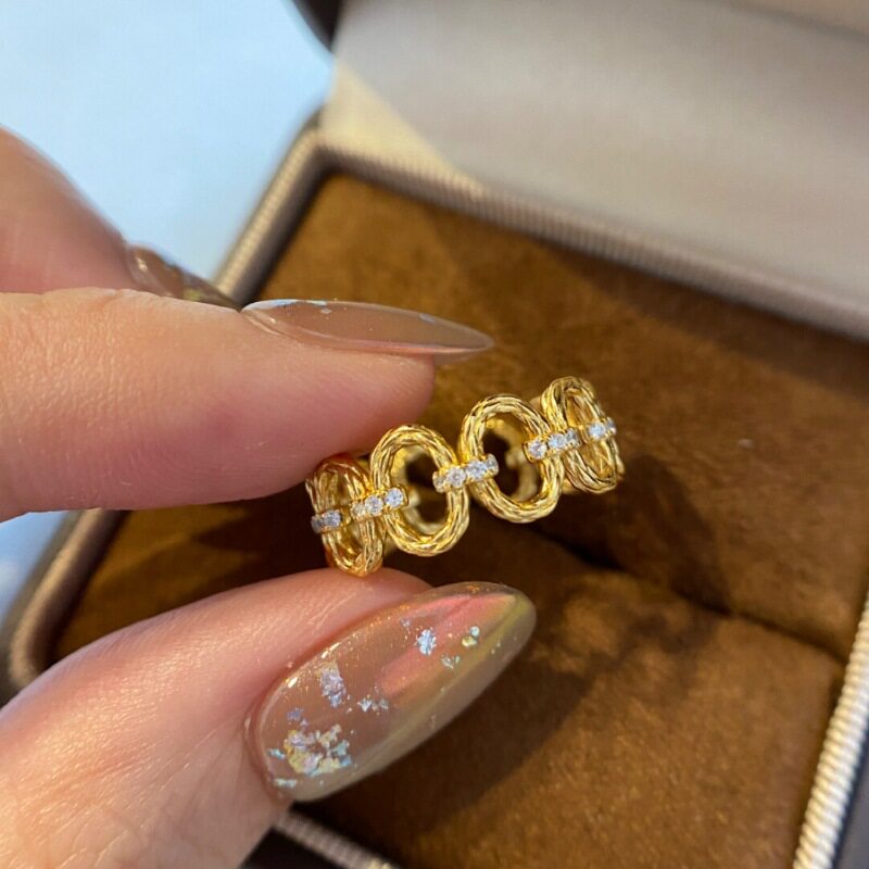 日系CherryKokoVintage中古镂空镶钻环环相扣戒指弹簧个性时尚