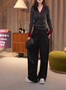 日系cherrykoko241025秋季新款撞色v领修身上衣时尚宽松西裤女潮