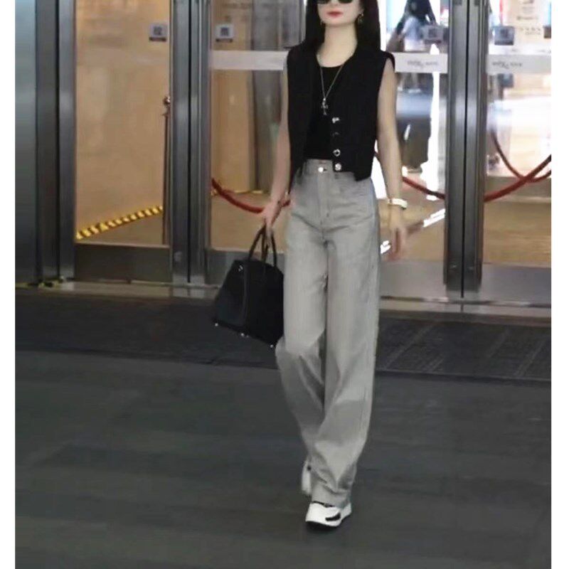 日系cherrykoko夏季新款黑色无袖上衣高腰条纹裤显瘦女