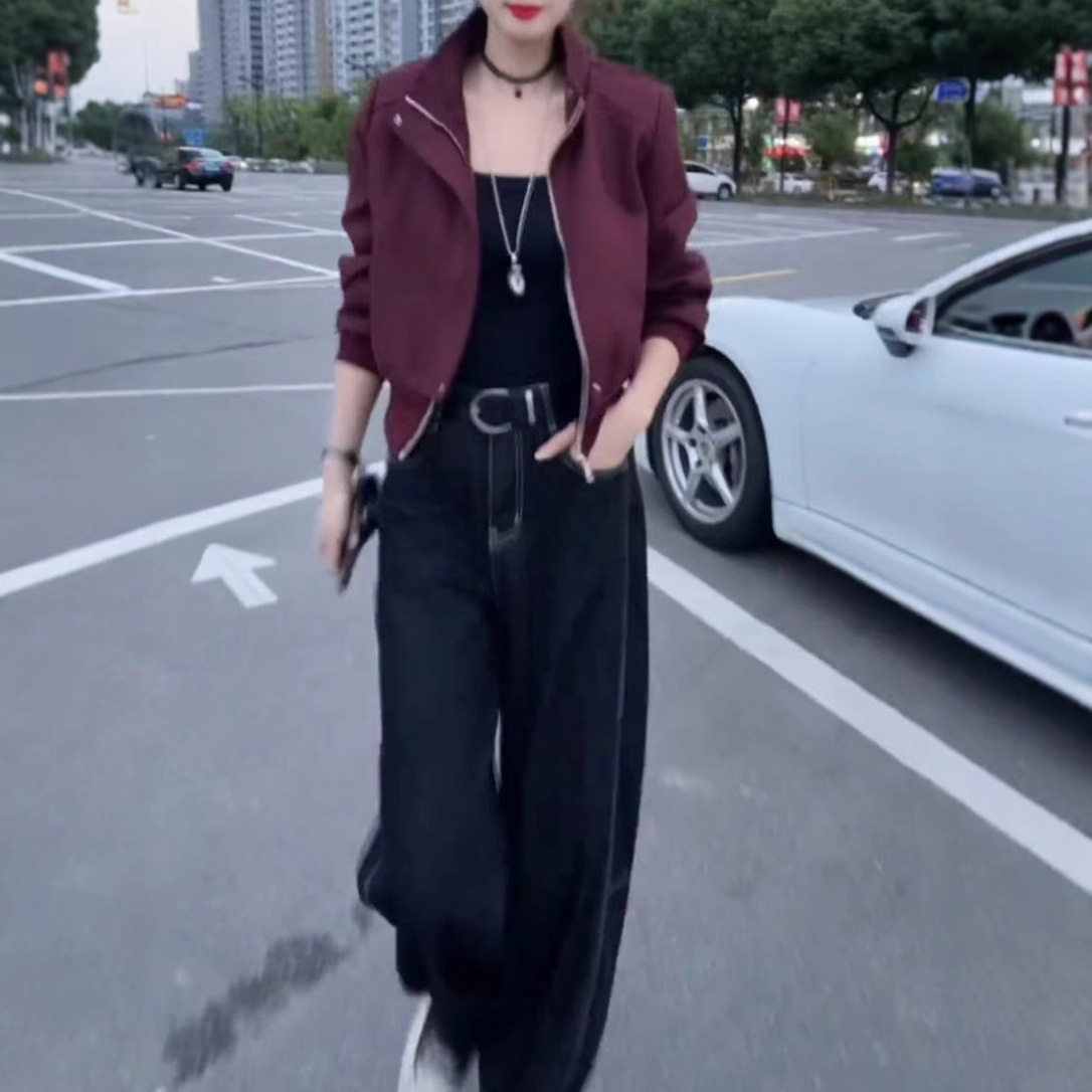 日系cherrykoko洋气时髦短款立领外套高腰牛仔裤女