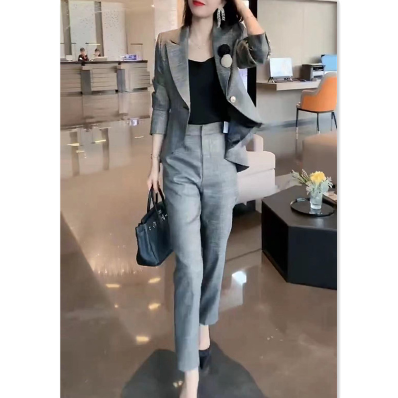 日系cherrykoko9865秋季新款时尚西服两件套灰色修身显瘦女套装