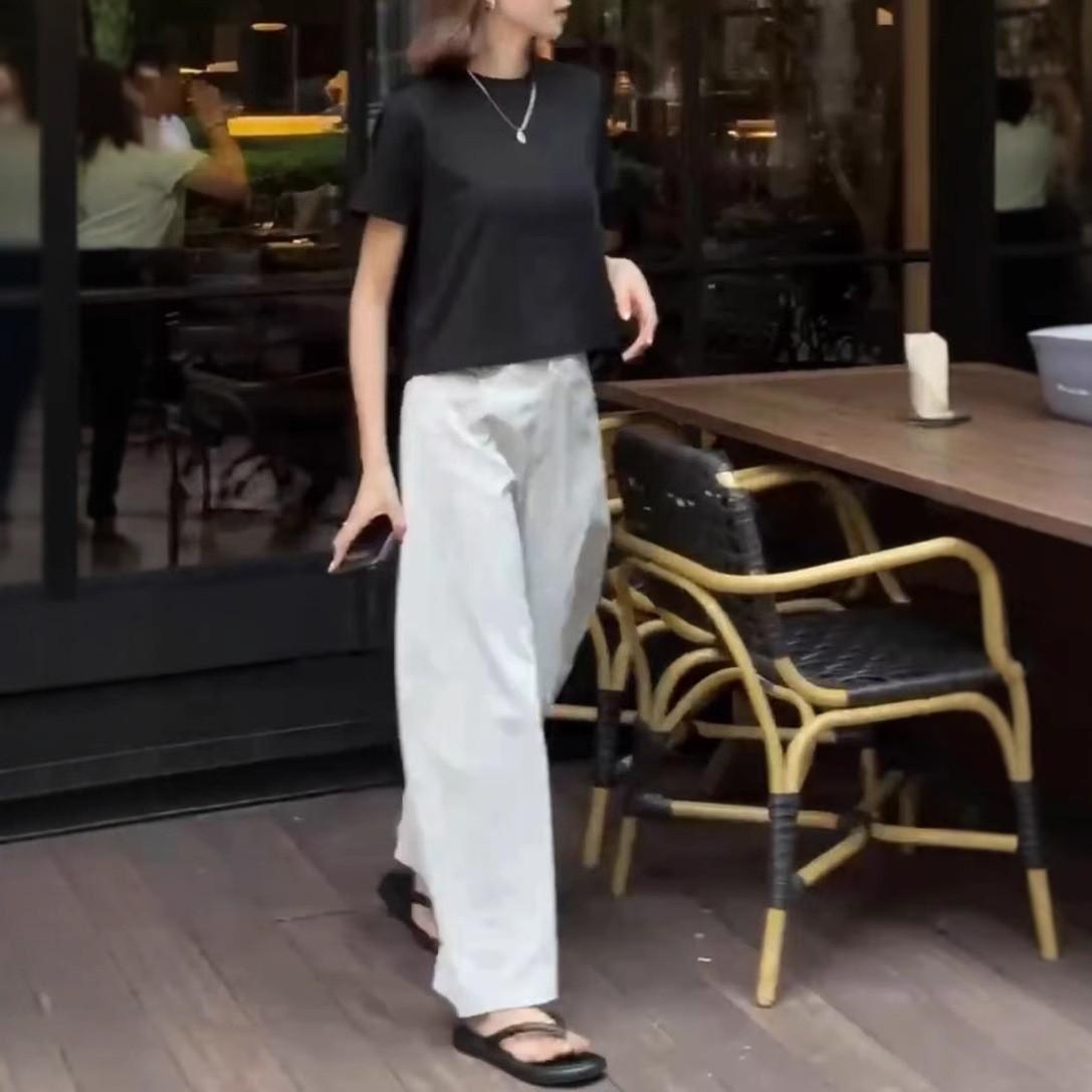 日系cherrykoko夏季新款简约后排扣洋气上衣白色阔腿裤女潮