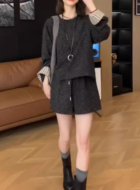 日系cherrykoko24735秋季新款圆领拼接条纹袖口小香风短裤套装女