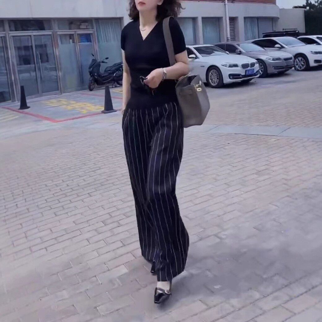 日系cherrykoko夏季新款时尚v领短袖t恤高腰阔腿竖条裤子女