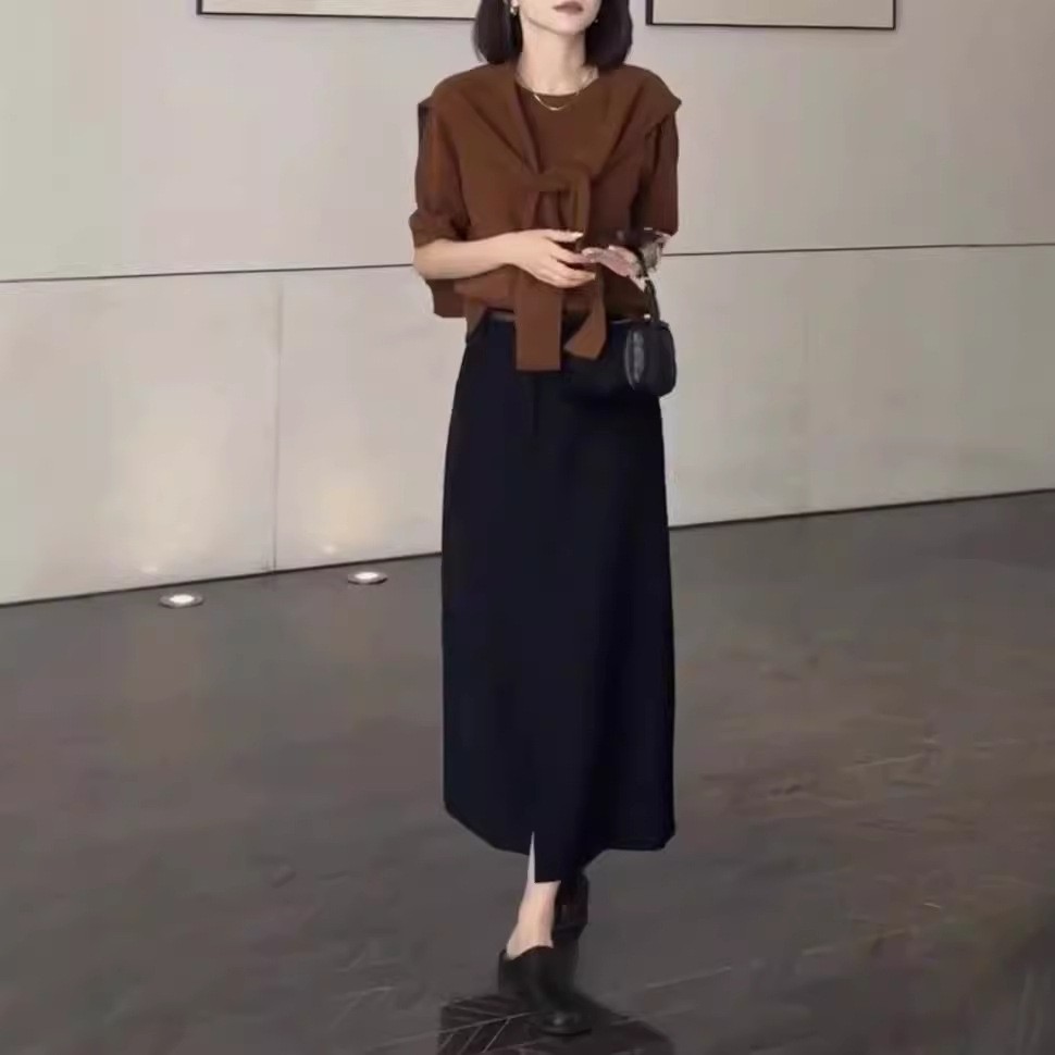 日系cherrykoko秋季新款短袖宽松带披肩上衣开叉半身裙女装