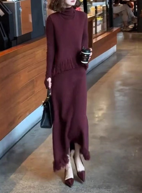 日系cherrykoko241135新款高领修身打底衫时尚马甲半身裙显瘦