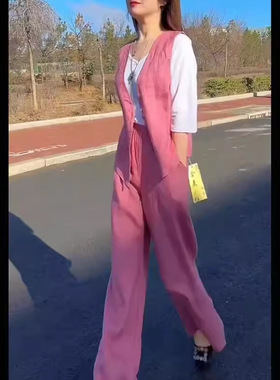 日系cherrykoko24176夏季新款时尚亚麻套装马甲上衣阔腿裤两件套