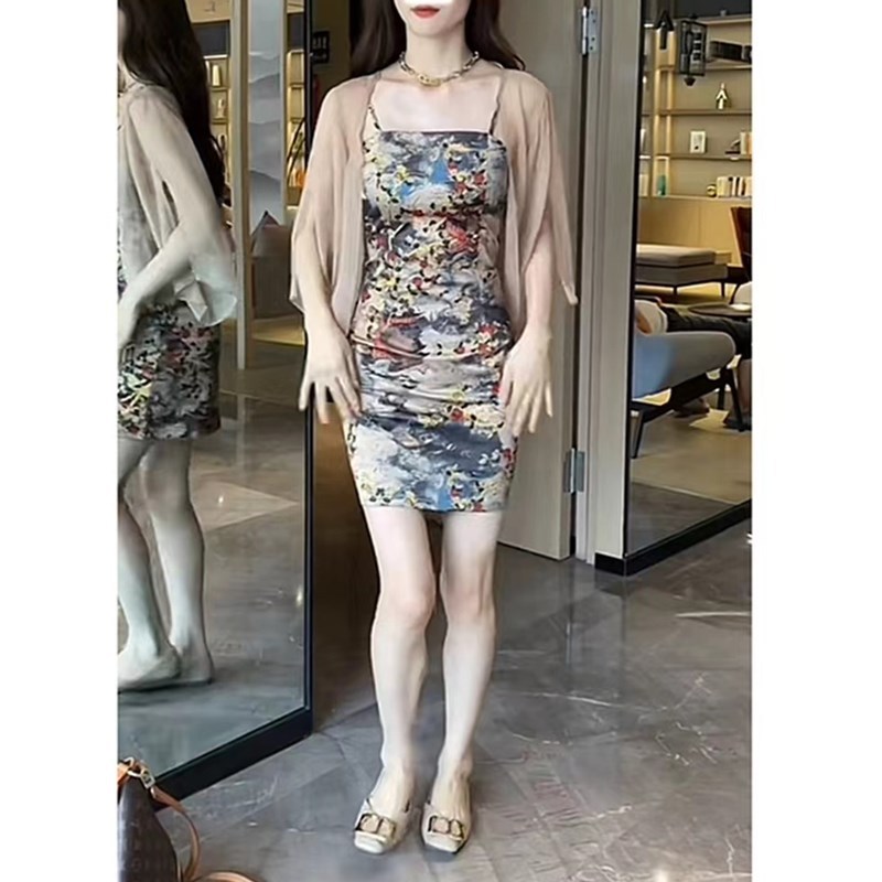日系cherrykoko夏季新款印花修身吊带连衣裙+网纱开衫套装女