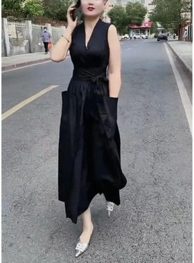 日系cherrykoko23562夏季新款黑色v领无袖长款连衣裙修身显瘦