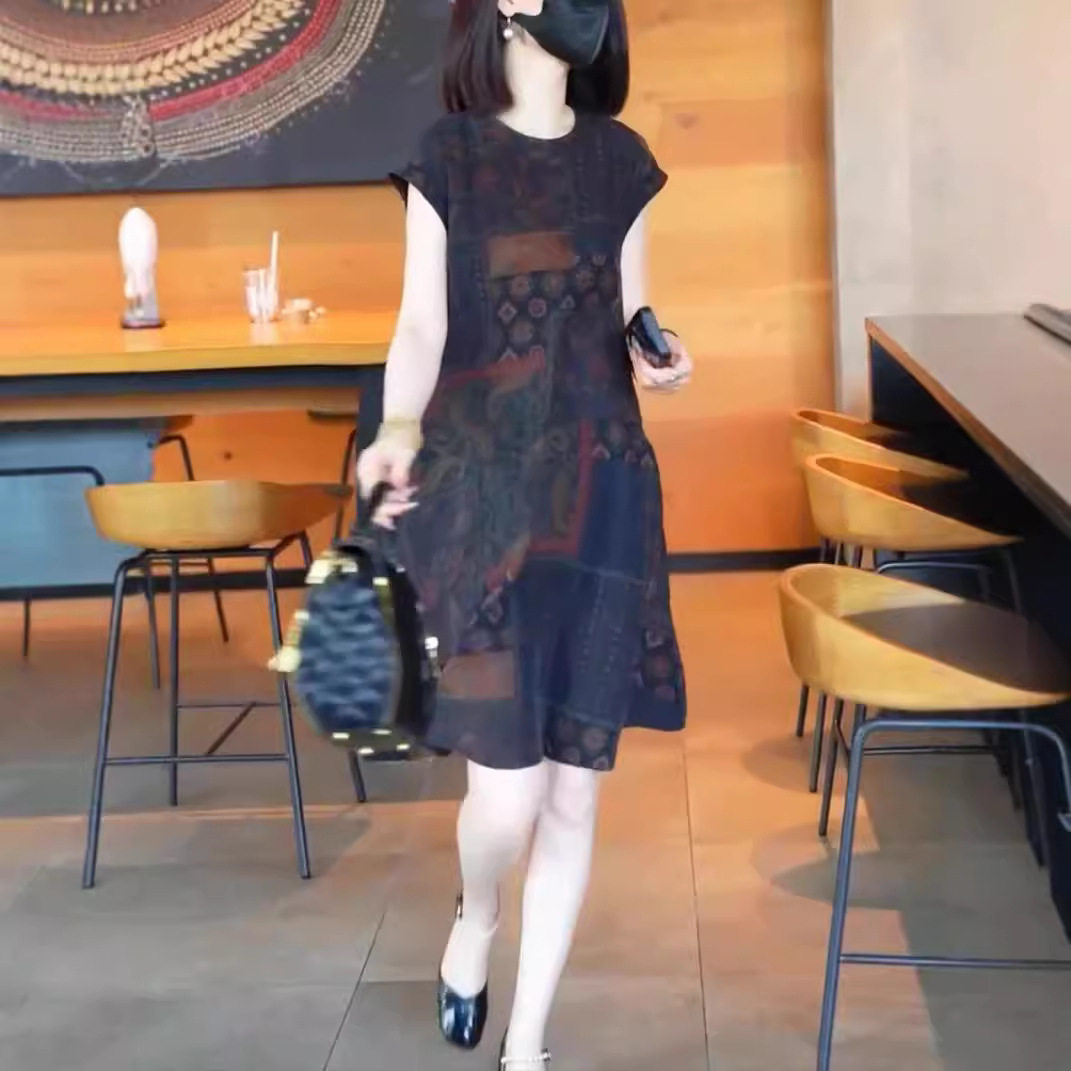 日系cherrykoko24630夏季新款圆领宽松印花连衣裙中长款显瘦女裙