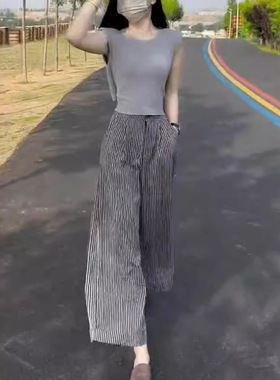 日系cherrykoko24255夏季新款色无袖修身上衣条纹休闲阔腿裤女