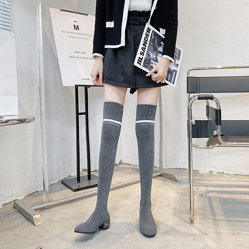 INTERNET CELEBRITY OVER-THE-KNEE BOOTS WOMENS AUTUMN NEW RHINESTONES THICK MID-HEEL LONG TUBE THIN SINGLE BOOTS STRETCH BOOTS KNITTED SOCK BOOTS