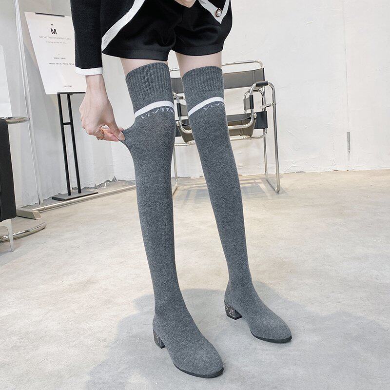 INTERNET CELEBRITY OVER-THE-KNEE BOOTS WOMENS AUTUMN NEW RHINESTONES THICK MID-HEEL LONG TUBE THIN SINGLE BOOTS STRETCH BOOTS KNITTED SOCK BOOTS