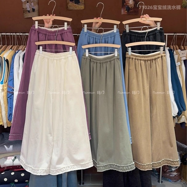 玛门松紧腰宝宝绒洗水长裤