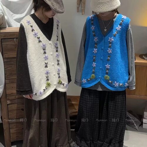 玛门森系V领重工手工钩花马甲