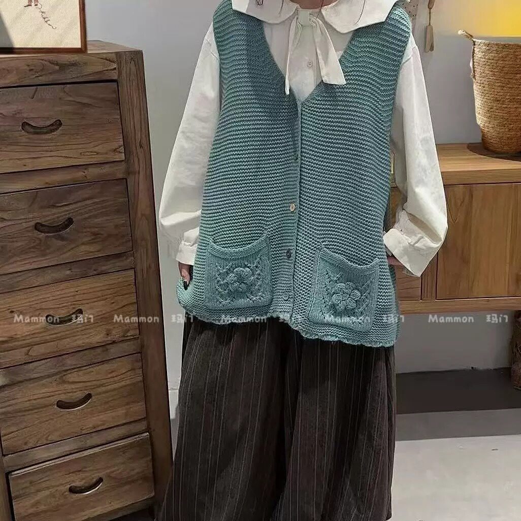 玛门V领复古彩色纽扣叠穿马甲图片