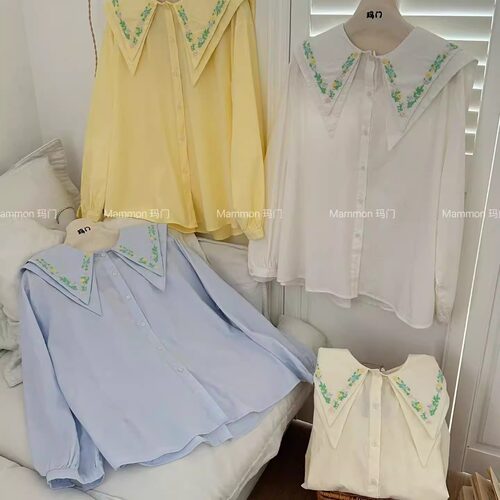 玛门韩系双层尖领绣花纯棉衬衣