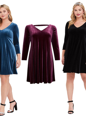 T家洋气大码女气质胖m法式修身性感天鹅绒金丝绒迷你中长款连衣裙