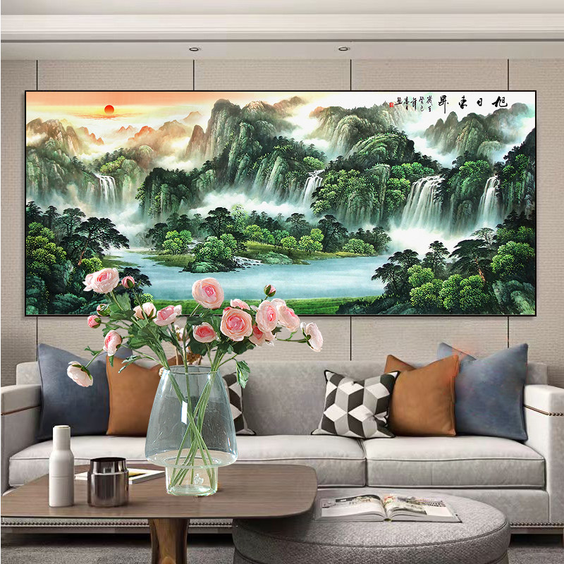 新款满绣十字绣山水画风景画旭日东升线绣流水生财客厅大幅手工绣