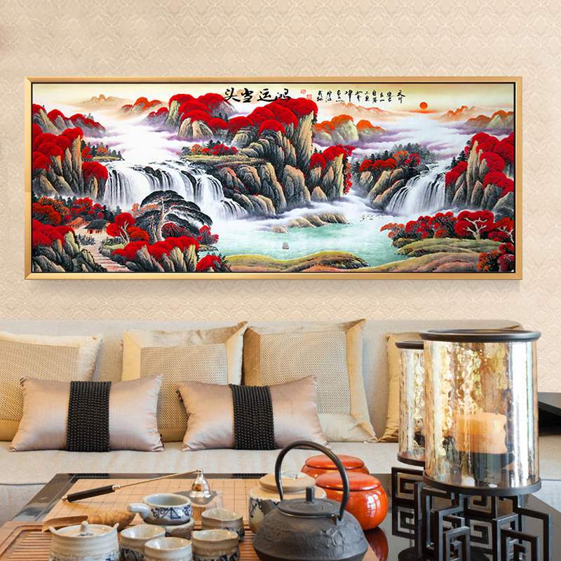 新款3D印花十字绣鸿运当头客厅简约现代山水风景画办公室挂画丝线