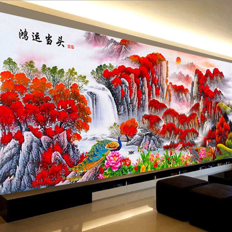 鸿运当头十字绣2024新款满绣客厅大幅山水画手工自己大格刺绣