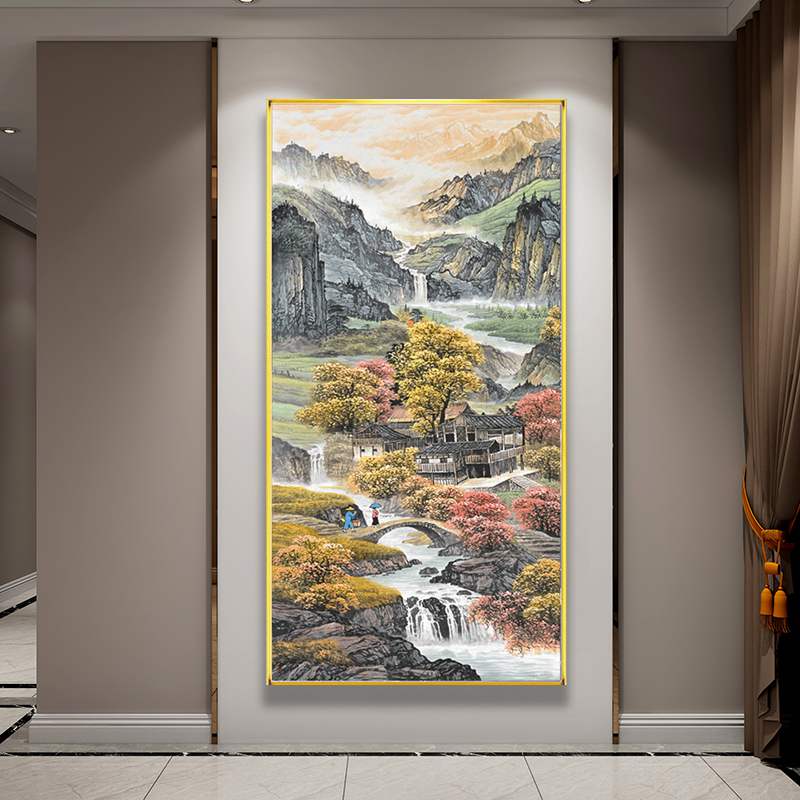 山野人家十字绣小幅满绣大格棉线全绣山水风景画高山流水新款线绣
