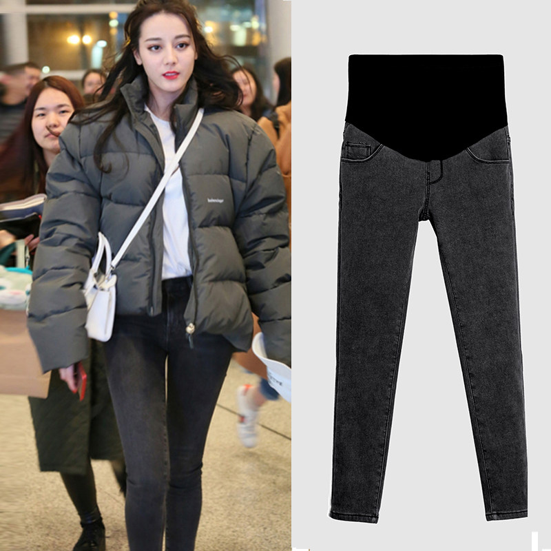 孕妇裤子秋季外穿小脚牛仔裤秋冬加绒时尚冬季黑色打底九分矮个子