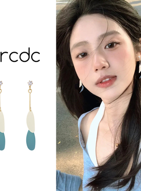 森系清新蓝白色叶子撞色耳钉长款耳环耳坠小众轻奢高级感气质耳饰