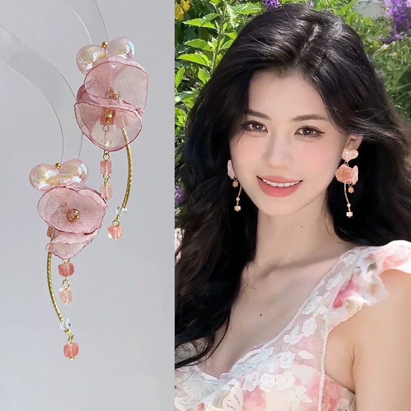 花朵蚊香盘耳夹女甜美流苏无耳洞图片