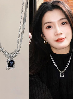 黑色双层甜酷项链女轻奢小众设计感毛衣链精致冷淡风颈链独特配饰