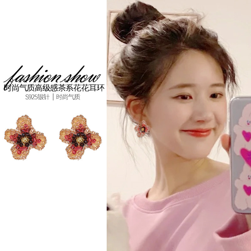 茶系设计感花朵螺旋耳夹女小清新气质无耳洞耳环小众时尚新款耳饰