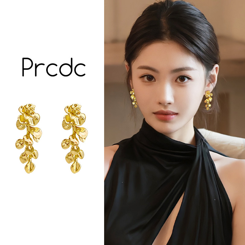 金色叶子流苏耳钉巨好看女图片