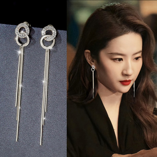 耳饰 爆款 银色双环流苏气质耳环女超闪长款 轻奢精致高级感耳坠新款