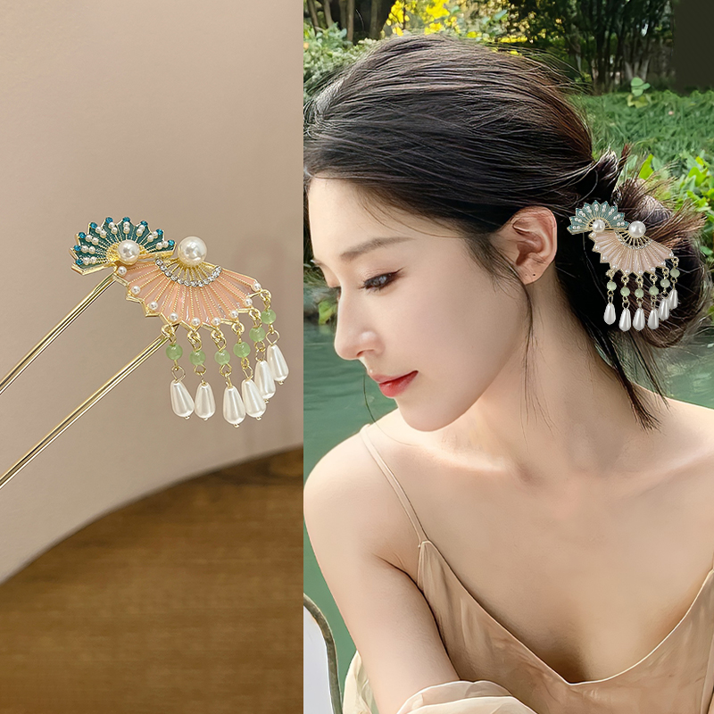 新中式扇子发簪珍珠款流苏簪子