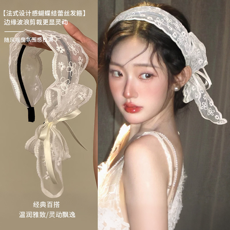 法式飘带蕾丝发箍女侧边蝴蝶结图片