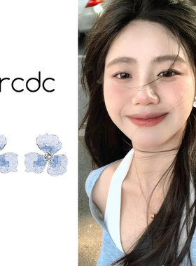 设计感蓝色渐变花朵耳环女小众独特春季清新耳钉新款爆款气质耳饰