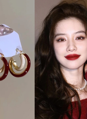 独特安可拉红撞色双层耳环女时尚小众独特设计高级感耳钉百搭耳饰
