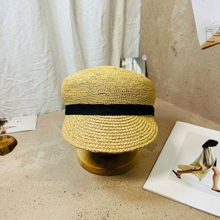 日系简约拉菲草拼接马术帽女夏季新款遮阳防晒帽百搭显脸小草帽潮