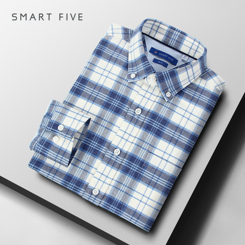 商务休闲美式衬衫拼接时尚百搭秋冬磨毛蓝白格子衬衫男式长袖扣领