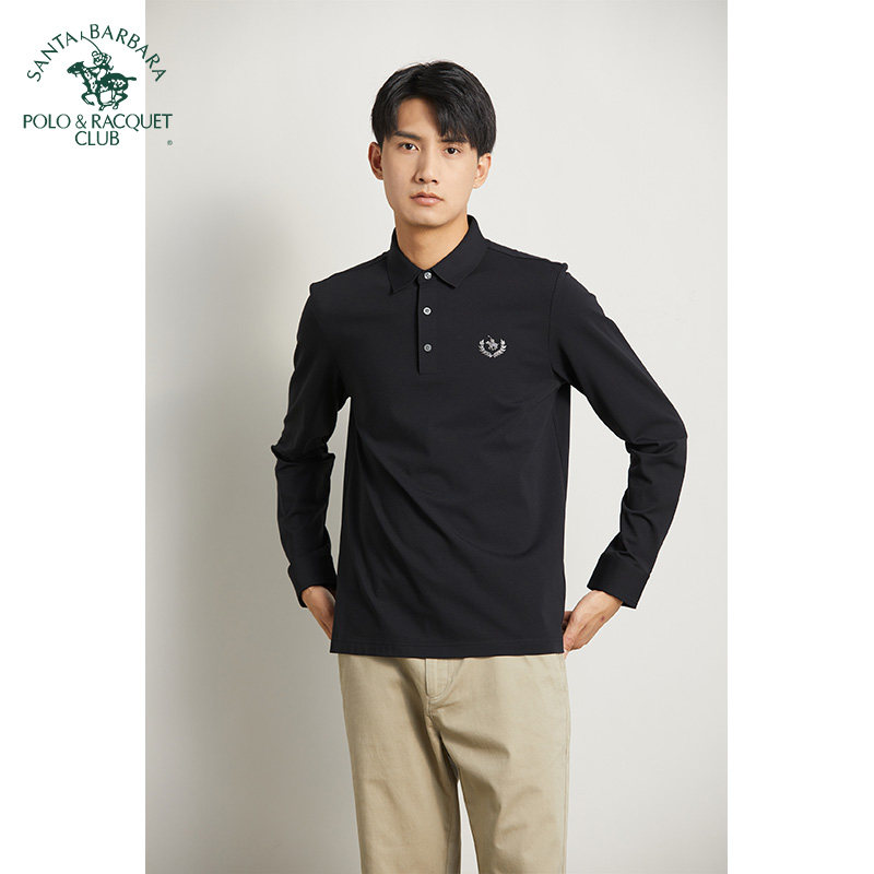 圣大保罗男士春秋长袖翻领POLO衫商务休闲百搭T恤衫男装纯黑色