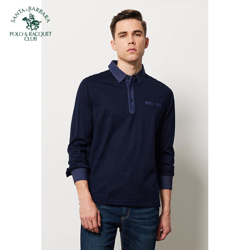 圣大保罗Polo春秋季薄款上衣男士纯棉衬衫领休闲长袖T恤衫
