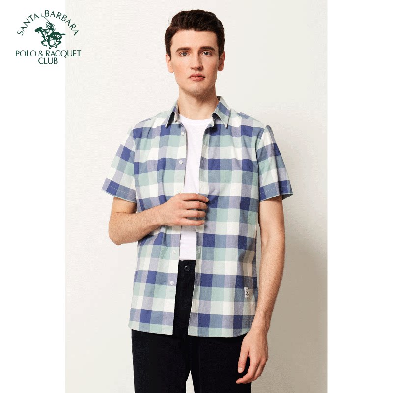 圣大保罗棉质短袖衬衫商务休闲百搭格子衬衣夏季宽松上衣男款