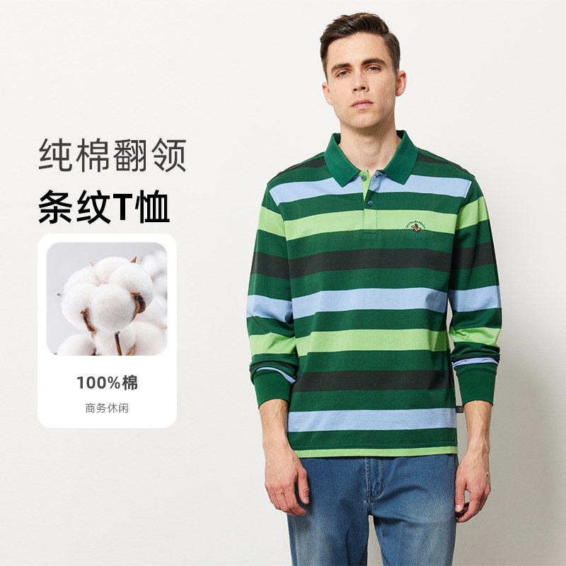 圣大保罗男士纯棉休闲翻领条纹长袖T恤POLO衫PS18KT004春秋季薄款
